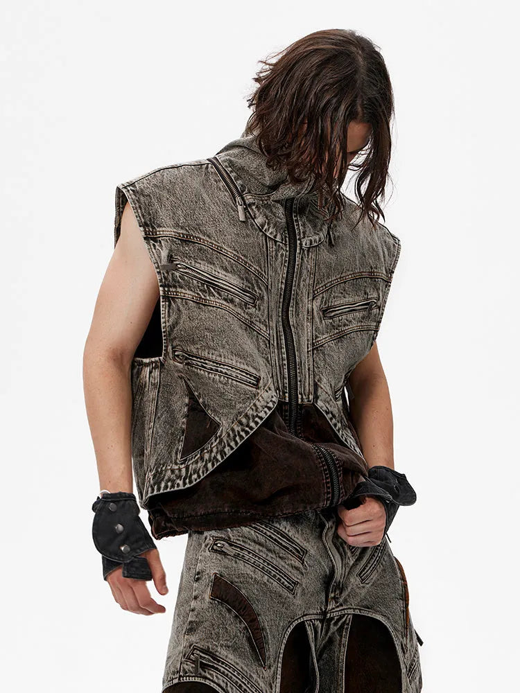 Men's sleeveless denim vest jacket with front zipper closure in casual summer style