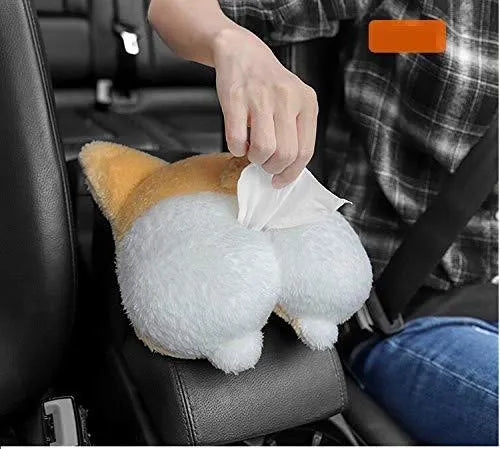 Yellow corgi butt-shaped tissue box cover with elastic back for car sun visor mounting