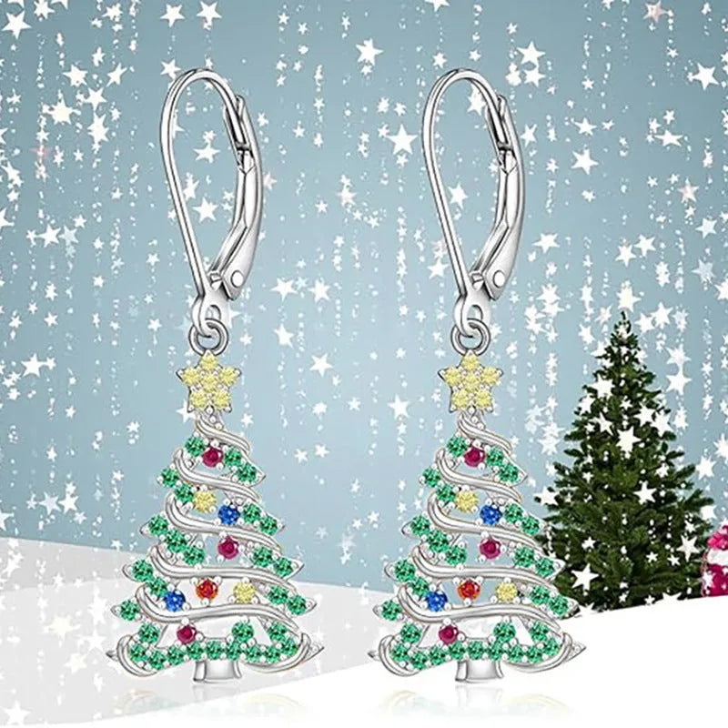 White gold colour Christmas tree earrings with star-shaped copper pendant design