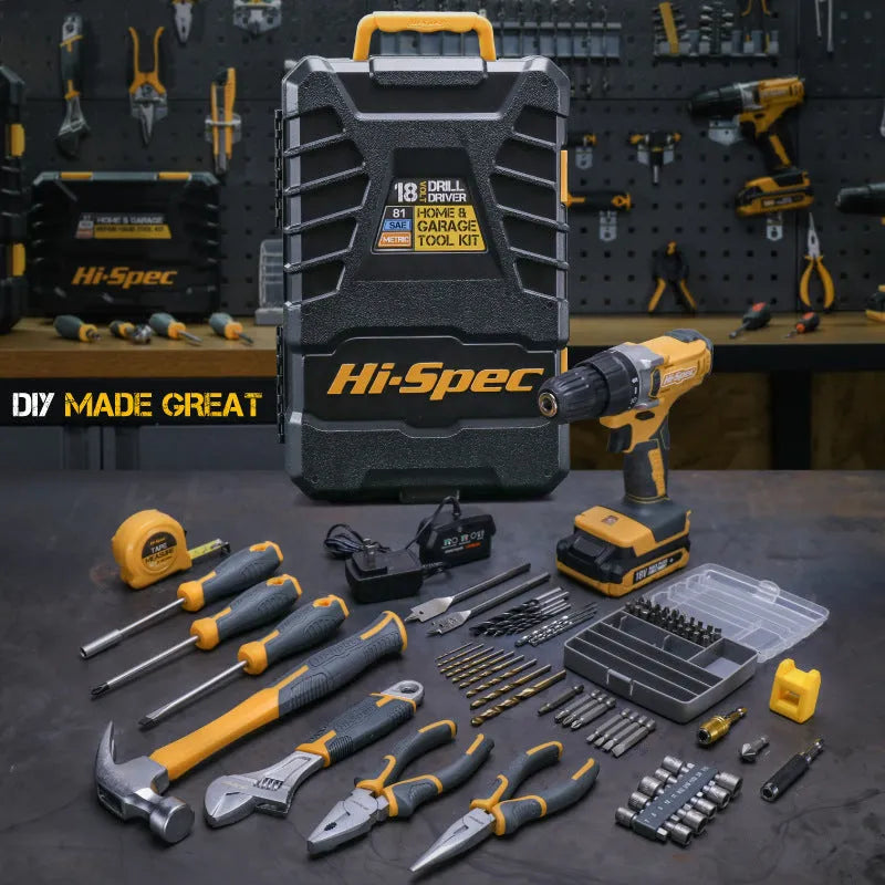 82 piece home repair hardware tool combo set in grey and yellow case with chrome vanadium steel tools