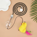 Grey and yellow interactive cat toy with swinging mouse, sound response, and treat dispenser on retractable cord