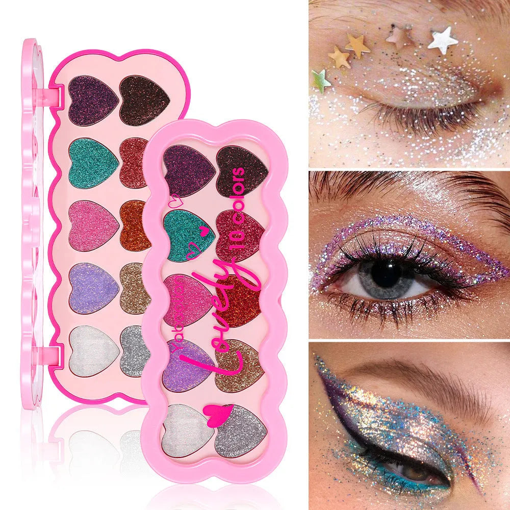 Pearlescent heart ten-colour sequins eye shadow palette showing 10 powder shades