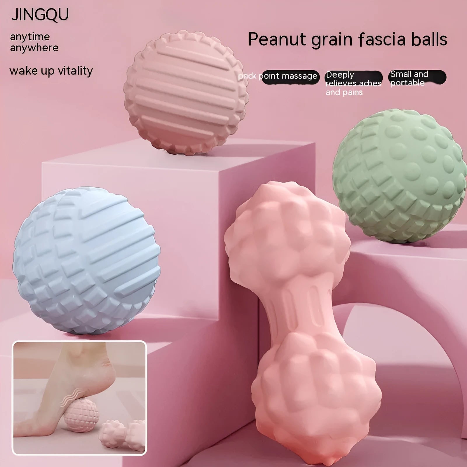 6cm TPR foot massage ball in blue, green, pink, and purple colours including spherical and peanut-shaped designs