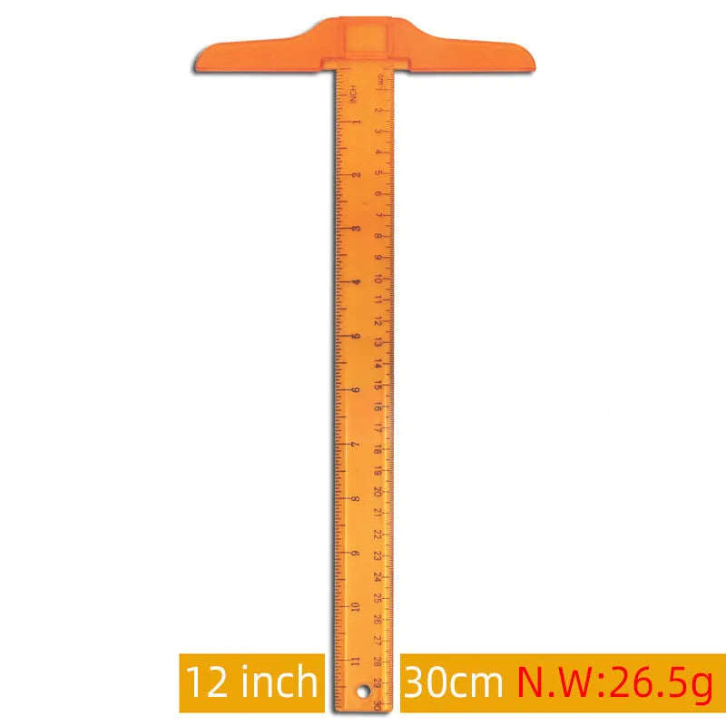 Transparent and orange yellow plastic T-shaped rulers with British and double centimetre scale markings