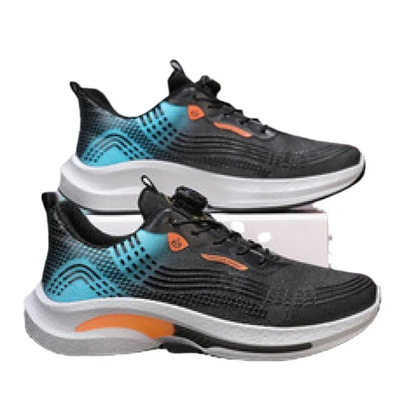Men's white and blue low-top mesh sneakers with a rotating buckle and rubber sole.