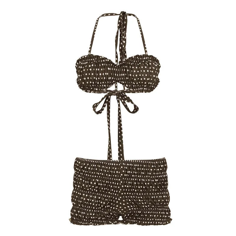 Womens brown polka dot polyester shorts suit with sleeveless strap top and matching shorts