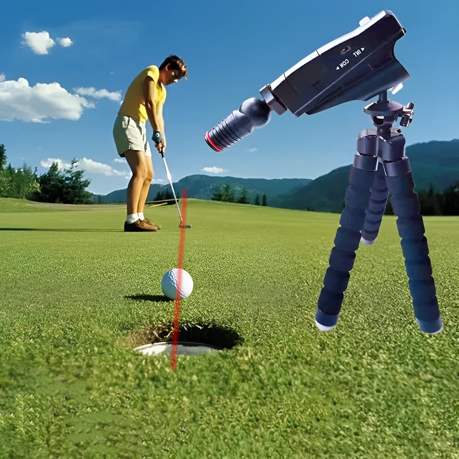Golf putter laser aiming instrument accessory showing laser sight component with optional zipper box and tripod configurations