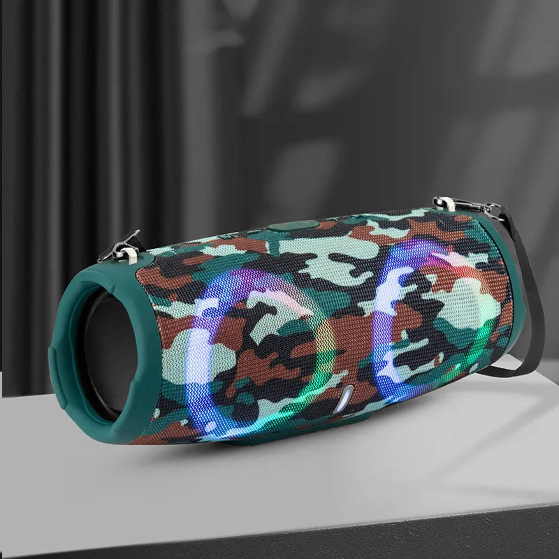 War drum design Bluetooth speaker with RGB coloured lights in black, blue, red, silver grey, and camouflage colours