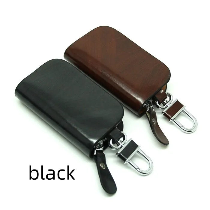 Black and brown genuine leather car key case with frosted finish showing internal dimensions.