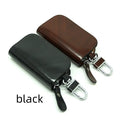 Black and brown genuine leather car key case with frosted finish showing internal dimensions.