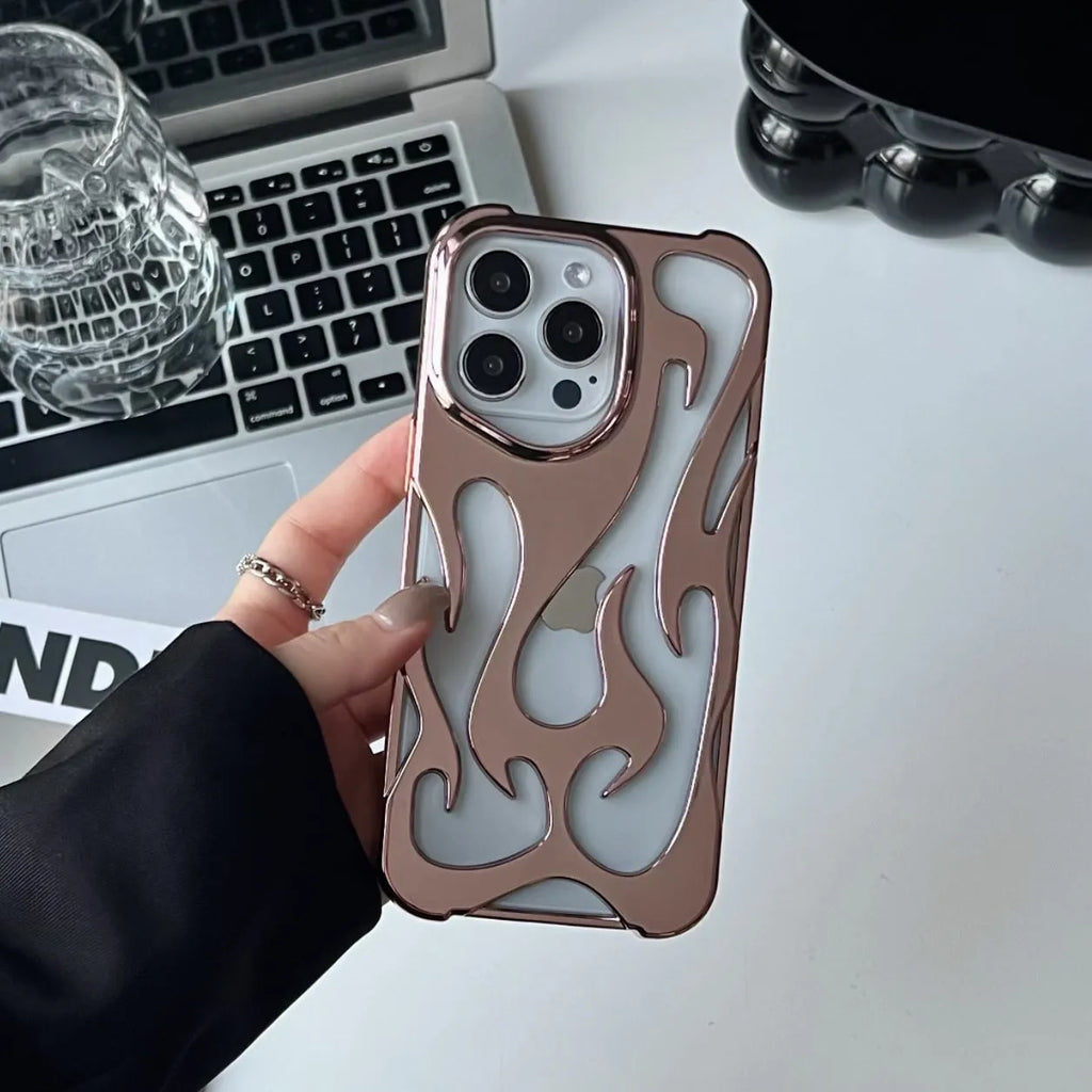 Electroplating hollow flame pattern design TPU phone case for Apple iPhone in metallic colours.