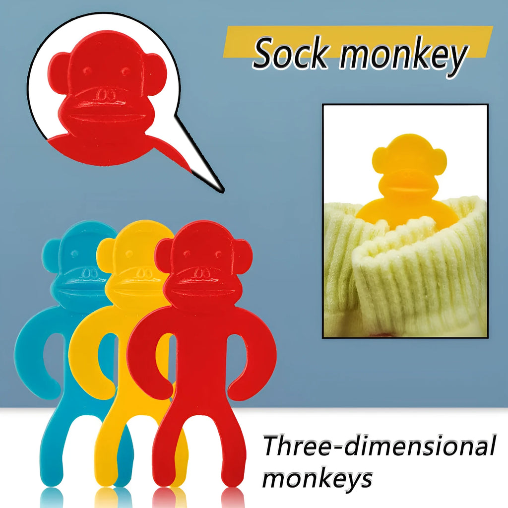 Plastic sock clips in blue, red and yellow colours for laundry organisation and machine washing