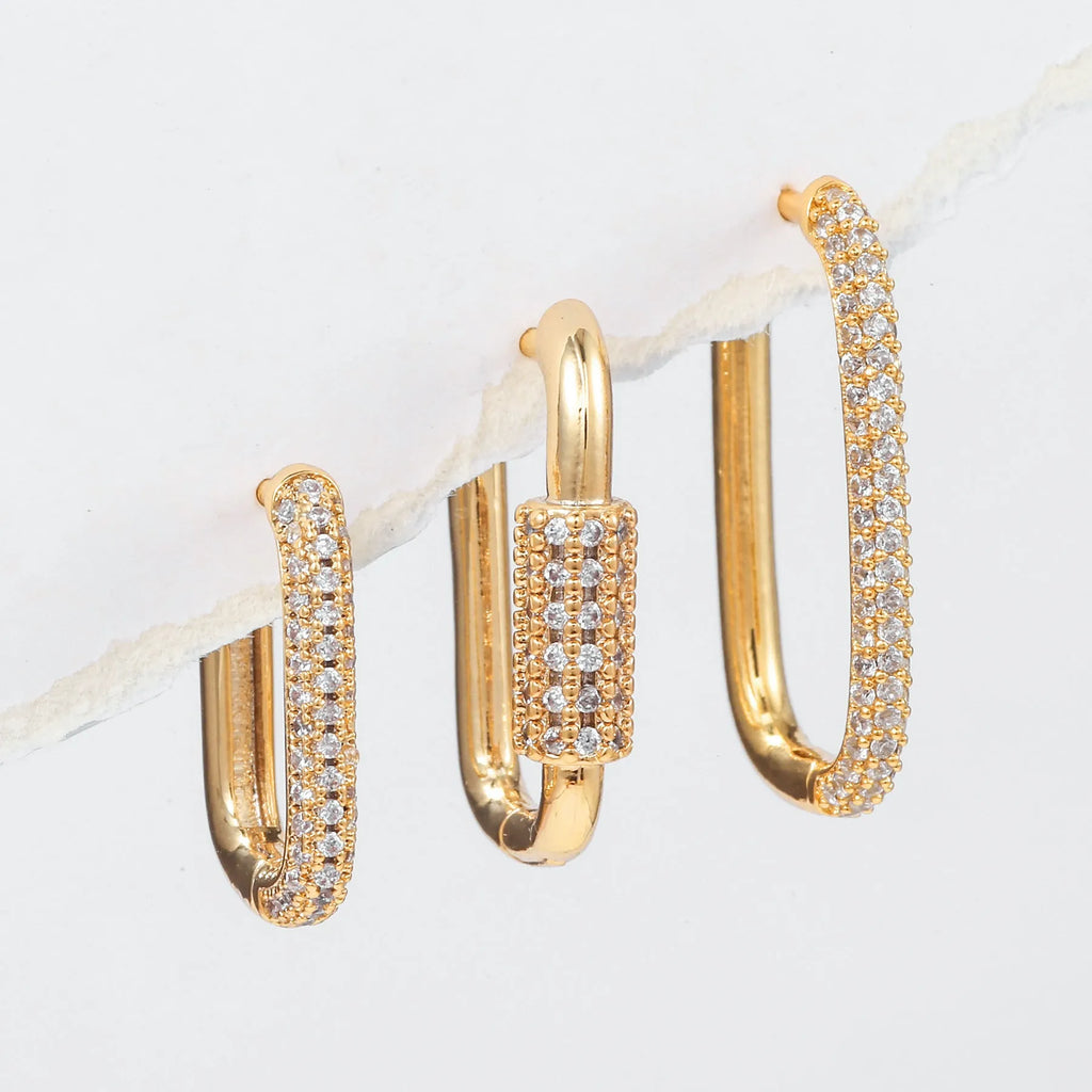 Three geometric square ear clips with inlaid zircon stones in gold and white colour options