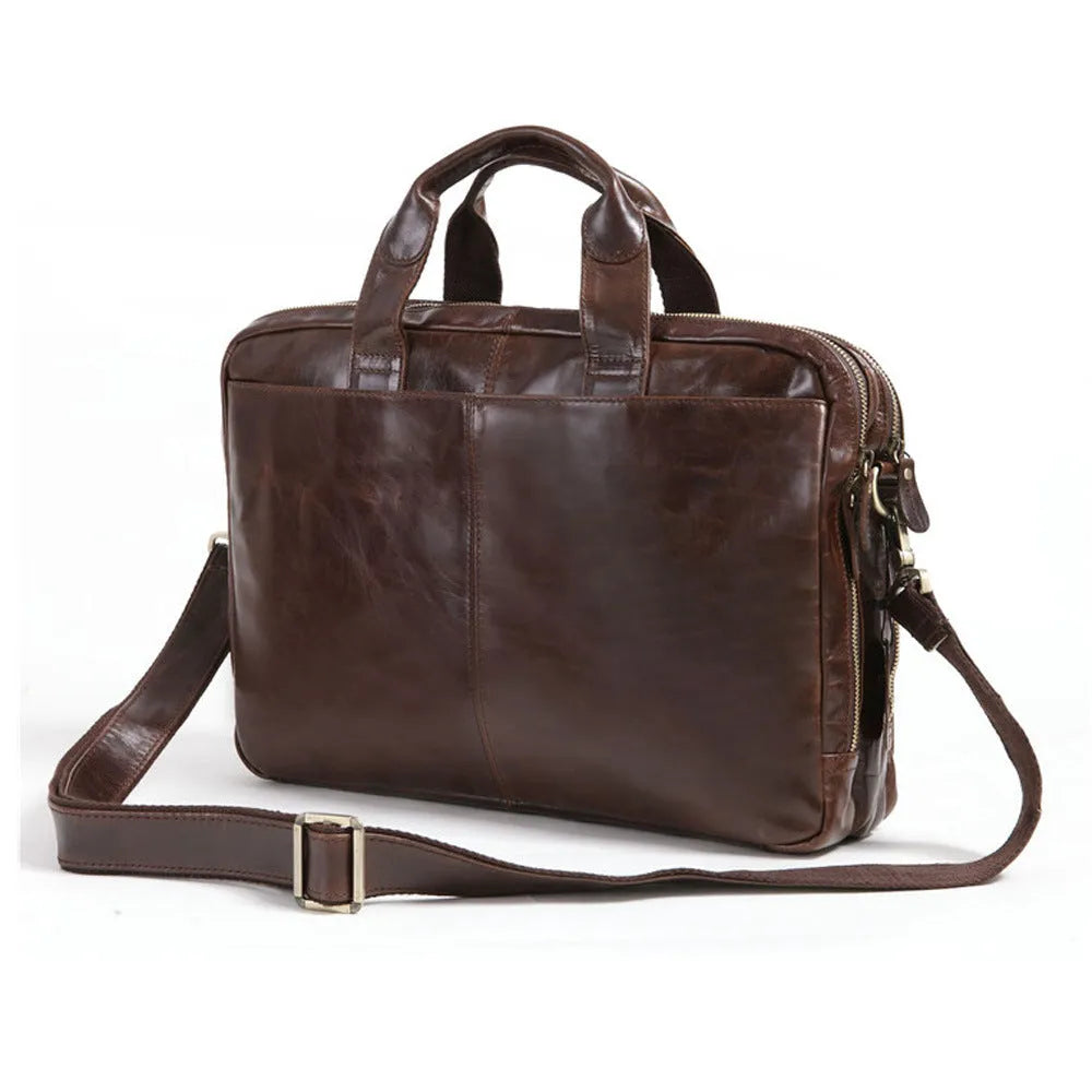 Brown men's business briefcase computer bag made from first layer cowhide leather with 18-inch dimensions