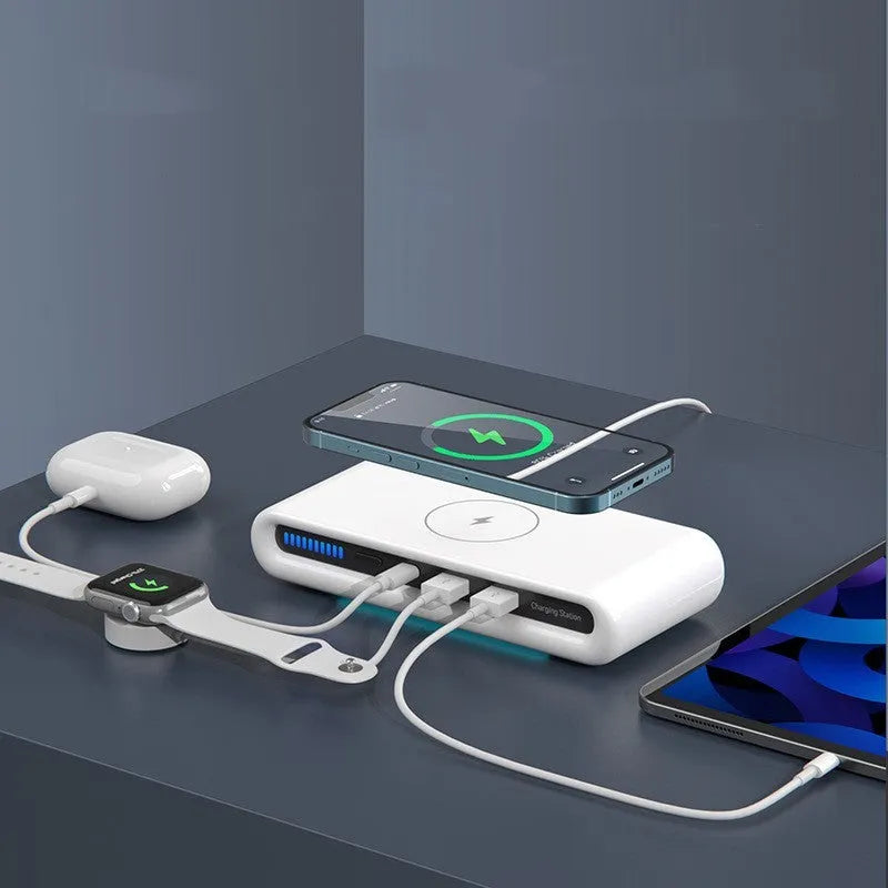 White desktop wireless charger with LED atmosphere lamp showing 15W charging and eight colour modes