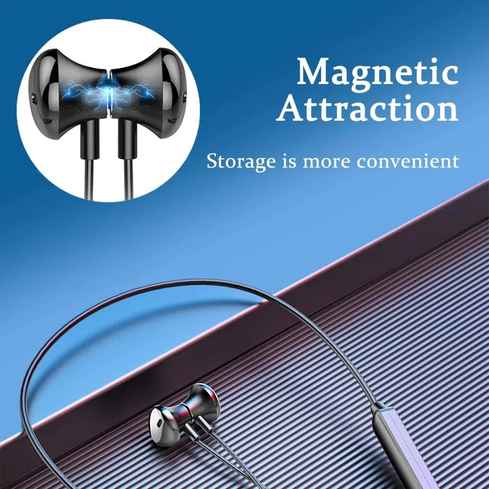 Black neck-mounted wireless sports earphones with Bluetooth 5.0 for hands-free calls and music