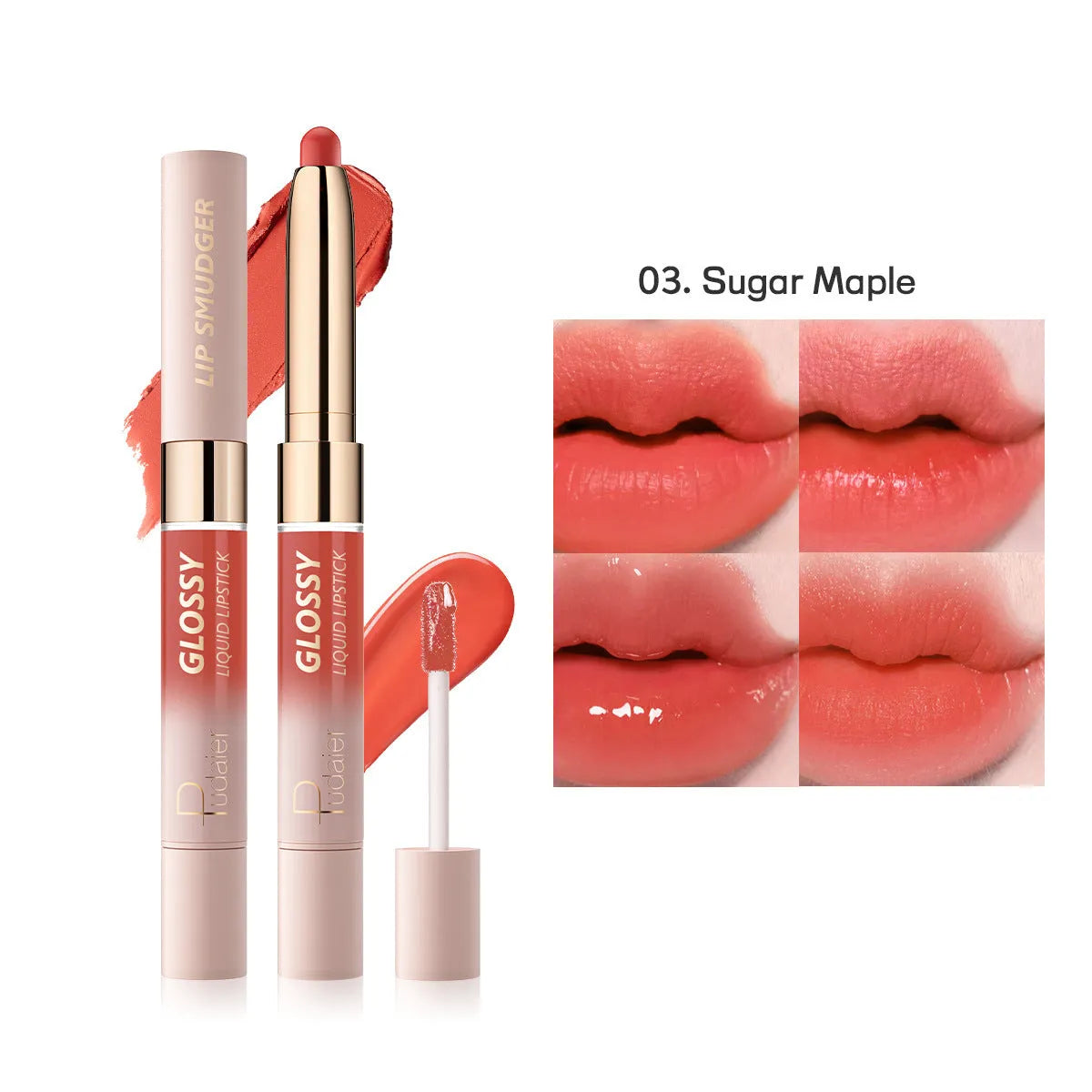 Double-headed lipstick lip gloss in matte finish showing ten colour options with moisturising formula