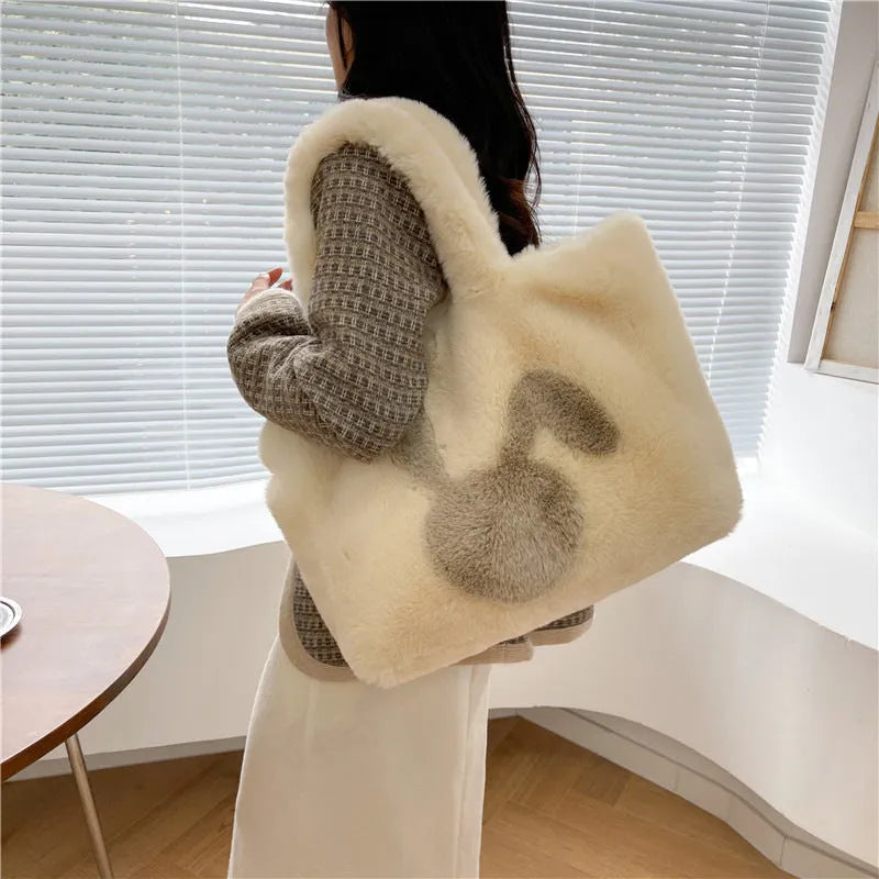 Plush cartoon rabbit ears shoulder bag in solid colour with large capacity