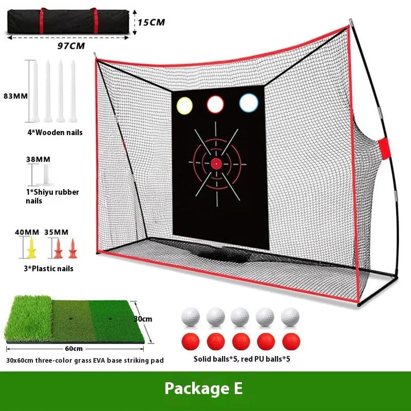 Golf swing wedge training net with 3-hole target, practice mat, balls, and accessories