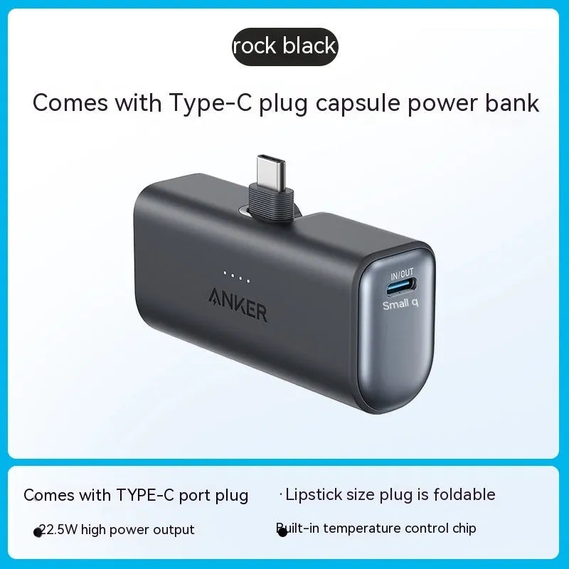 Compact capsule power bank in multiple colours showing USB-C port and foldable connector