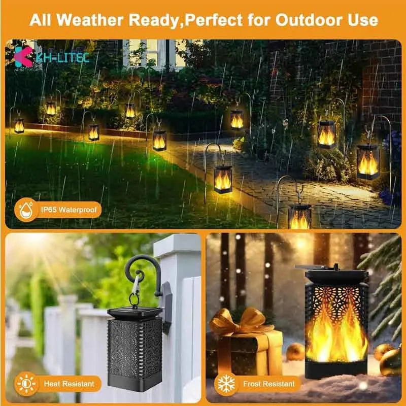 Four black solar-powered hanging torch lights with flickering flame LED effect for garden decoration