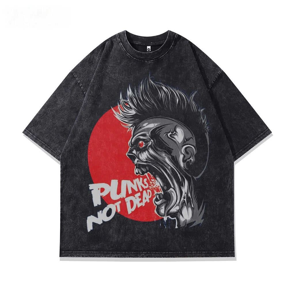 Men's grey short sleeve T-shirt with a printed character design, loose fit.