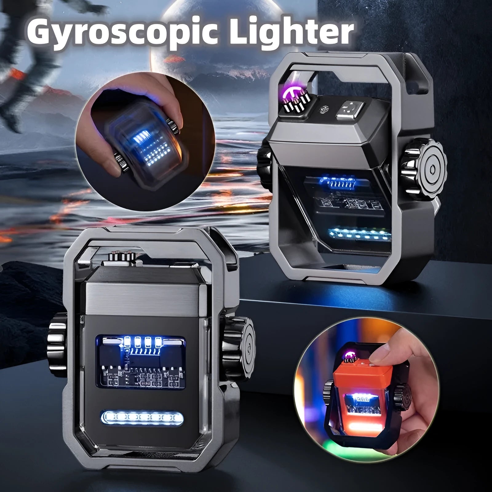 Pulse windproof double arc electric lighter with mechanical rotary gyroscope in folded position
