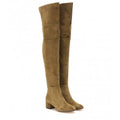Grey suede women's flat over-the-knee boots with a pointed toe and low thick heel.