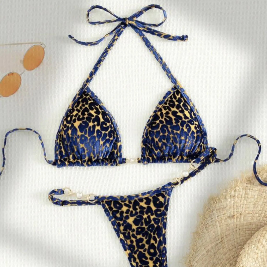 Women's blue leopard print T-shaped swimsuit bikini made from polyester and spandex fabric.