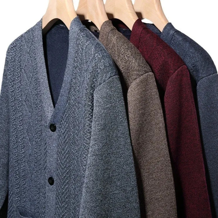 Men's brown striped cardigan sweater with long sleeves and a wool lining, shown on a hanger.