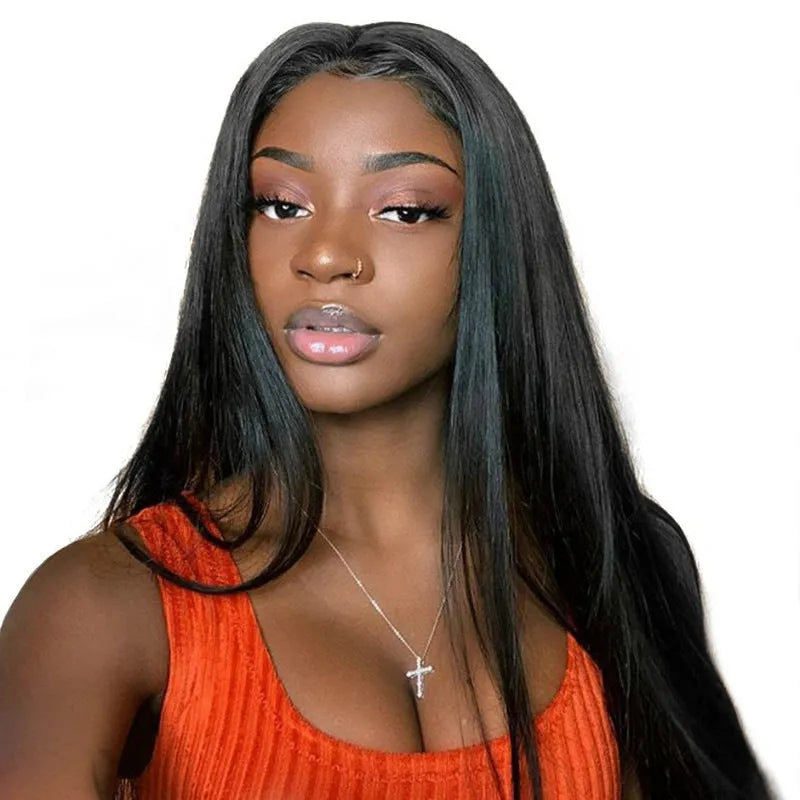 Long straight black wig with centre-parted bangs for women made from high-temperature fibre