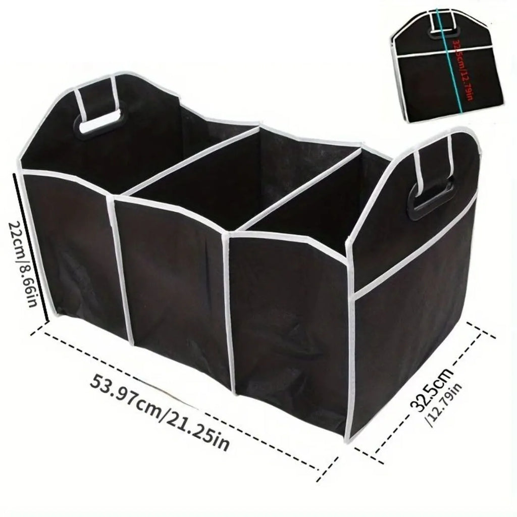 Black car multi-pocket trunk organiser with foldable lid and tie-down straps on car boot floor
