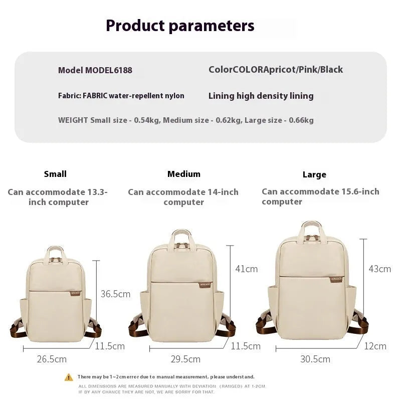 Women's large capacity canvas travel backpack in apricot colour showing external pockets and internal laptop compartment.