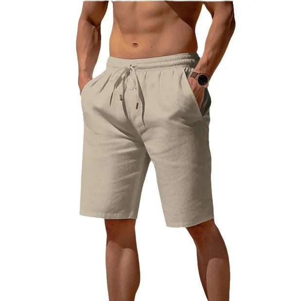 Men's cotton linen drawstring shorts in solid colour with elastic waist for summer beach wear