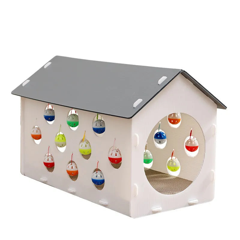 Integrated plastic cat scratch board house with a bell ball toy and connecting tunnel.