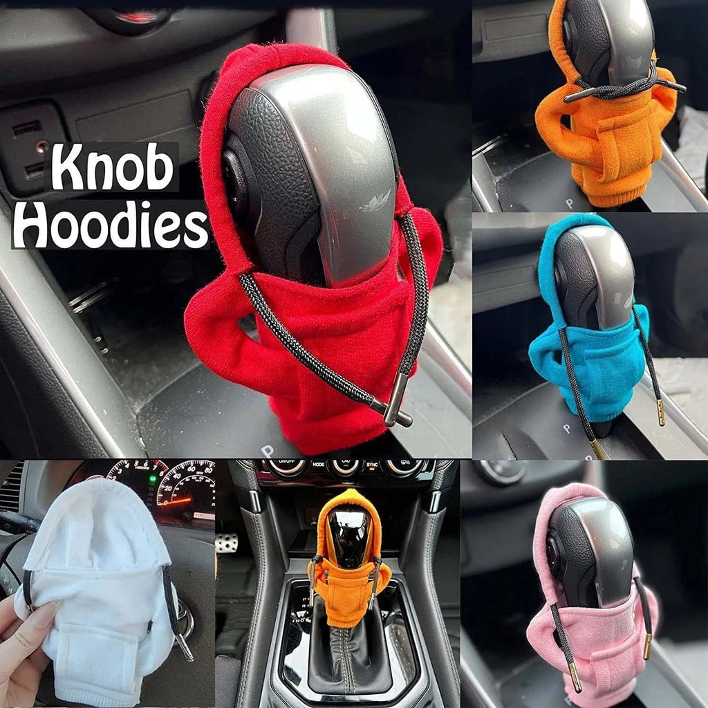 Cloth car gear shift knob cover in various colours showing 13cm by 8cm dimensions