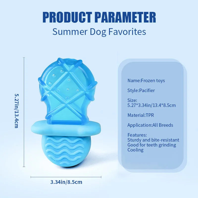 Dog cooling toy set with water-filled ice sticks and three teething toy shapes: pacifier, popsicle, and ring