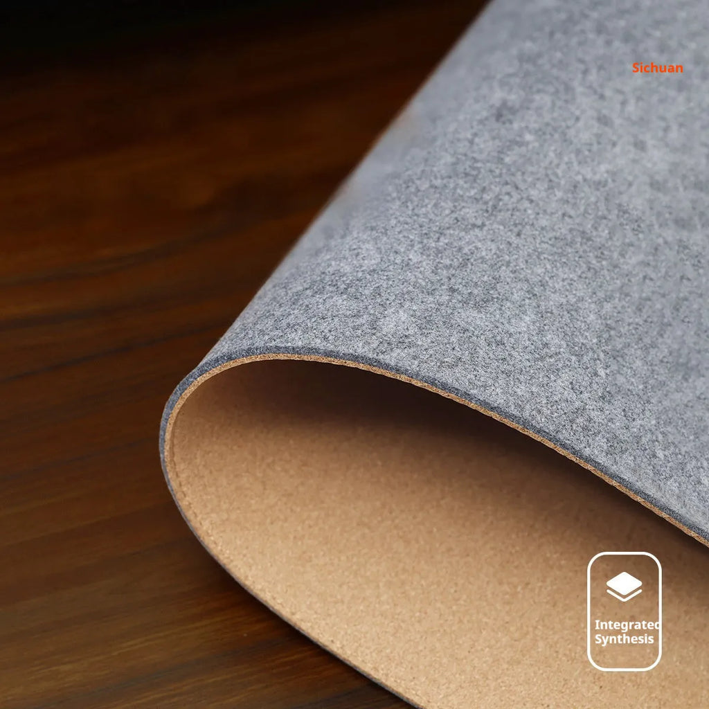 Japanese style simple desk mat in grey felt and cork, shown with keyboard and mouse.