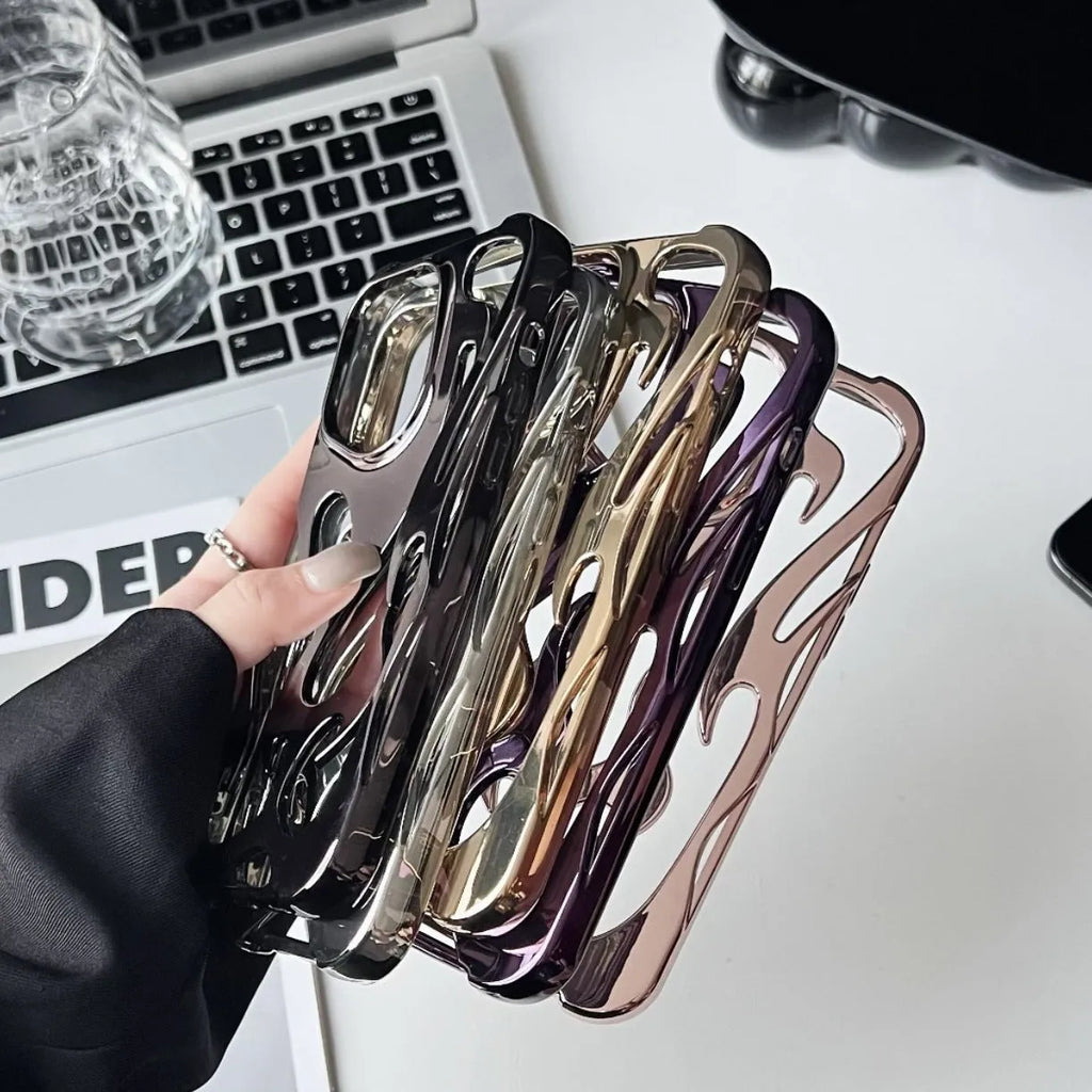 Electroplating hollow flame pattern design TPU phone case for Apple iPhone in metallic colours.