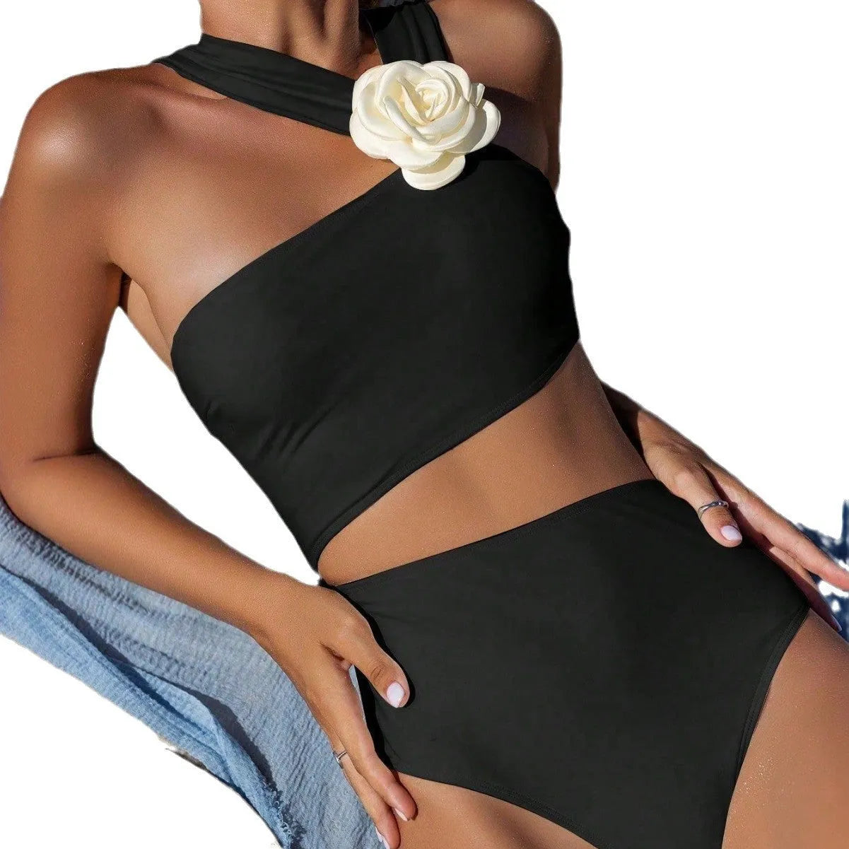 Solid colour one-piece swimsuit with 3D white flower detail on shoulder, available in black, milky white, rose red, light purple