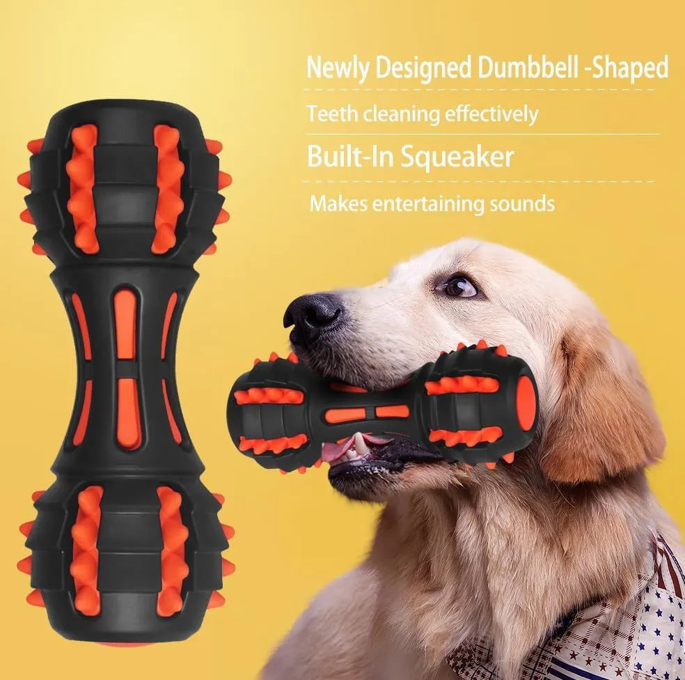 Red dumbbell-shaped dog chew toy for medium to large breed aggressive chewers