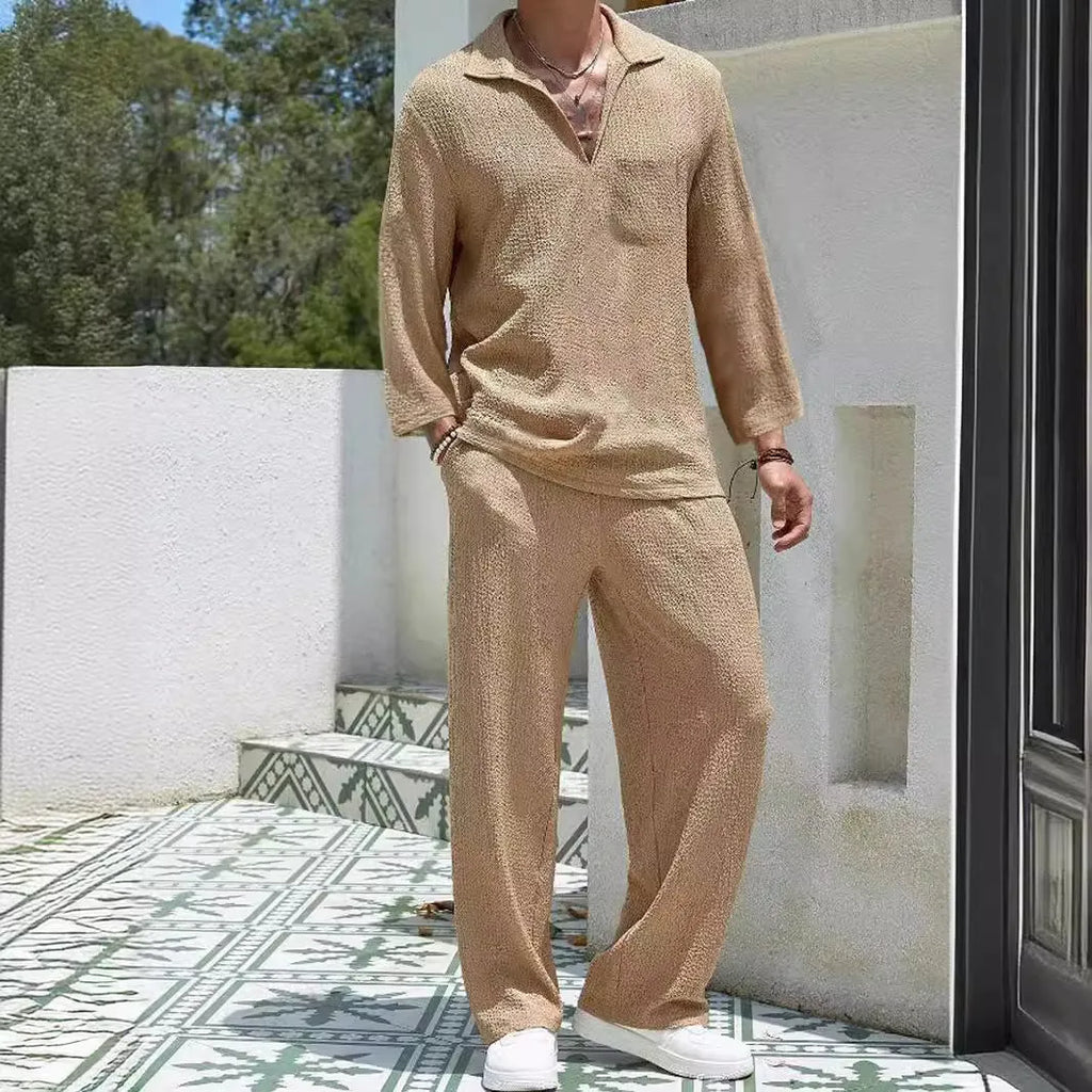 Men's casual shirt trousers suit in polyester fabric available in four colours