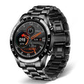 Smart watch with stainless steel wristband and 1.3-inch touch screen display showing step counter interface