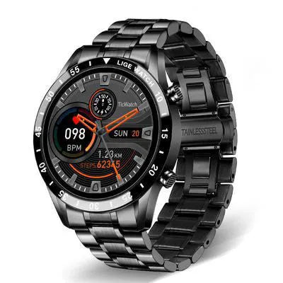 Smart watch with stainless steel wristband and 1.3-inch touch screen display showing step counter interface