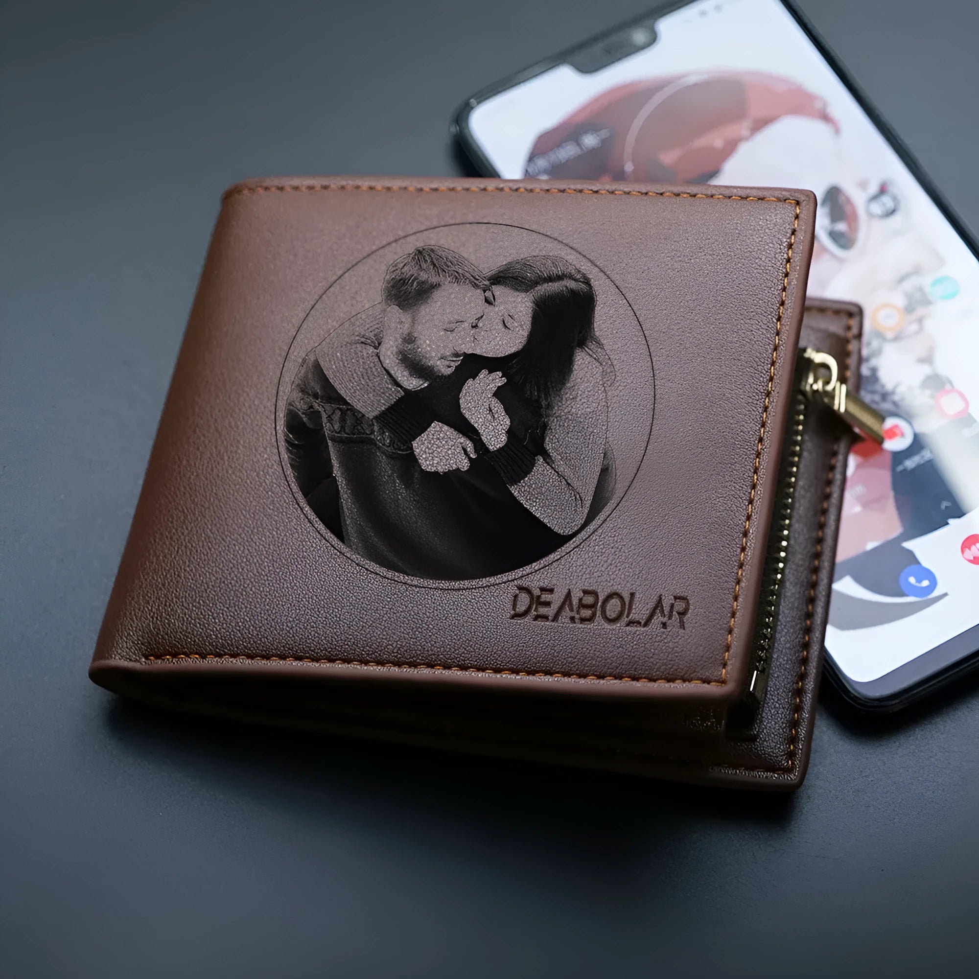 Men's leather wallet with a zipper closure, presented as a gift.