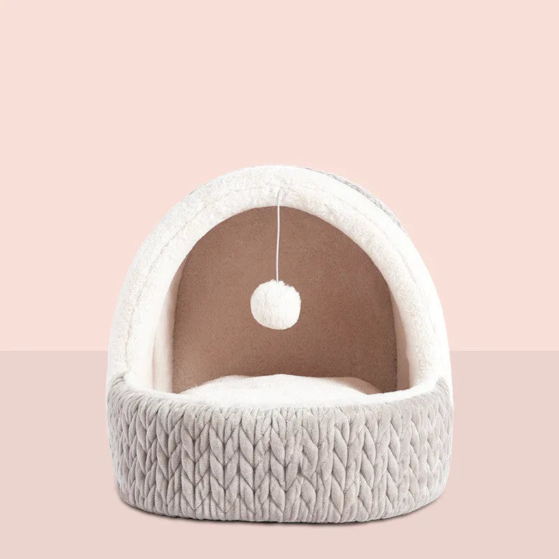 Four Seasons average size semi-enclosed cloth pet bed in pink and gray for cats and dogs