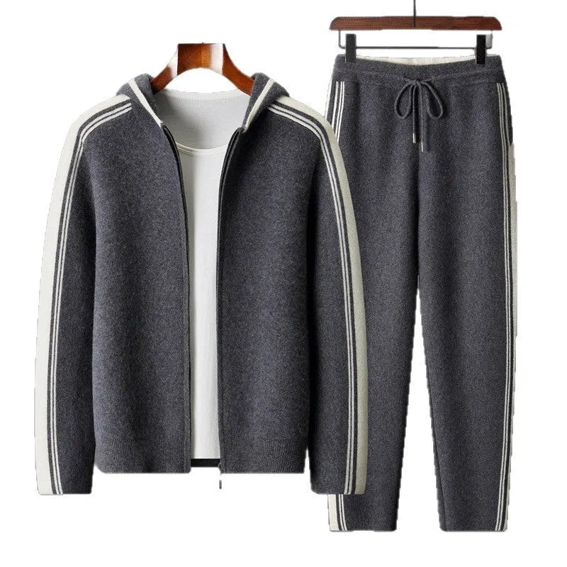 Men's wool cardigan hooded colour matching suit with long sleeves and trousers in dark blue
