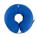 Inflatable soft pet recovery collar in blue with air valve, shown on surface