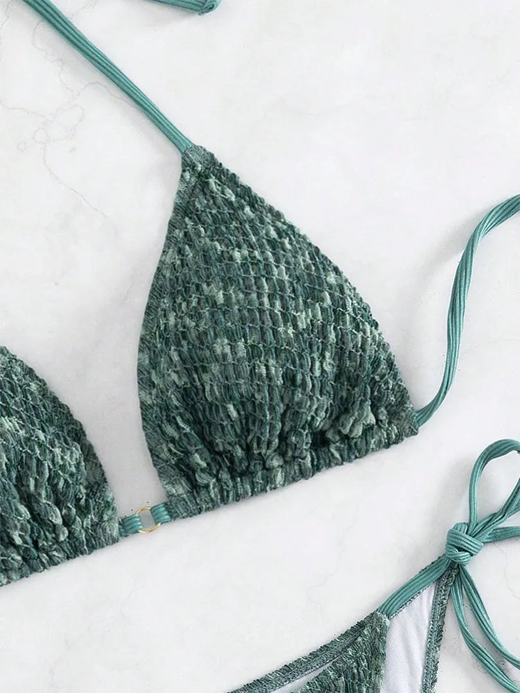 Women's green halter strap backless bikini set with matching shorts