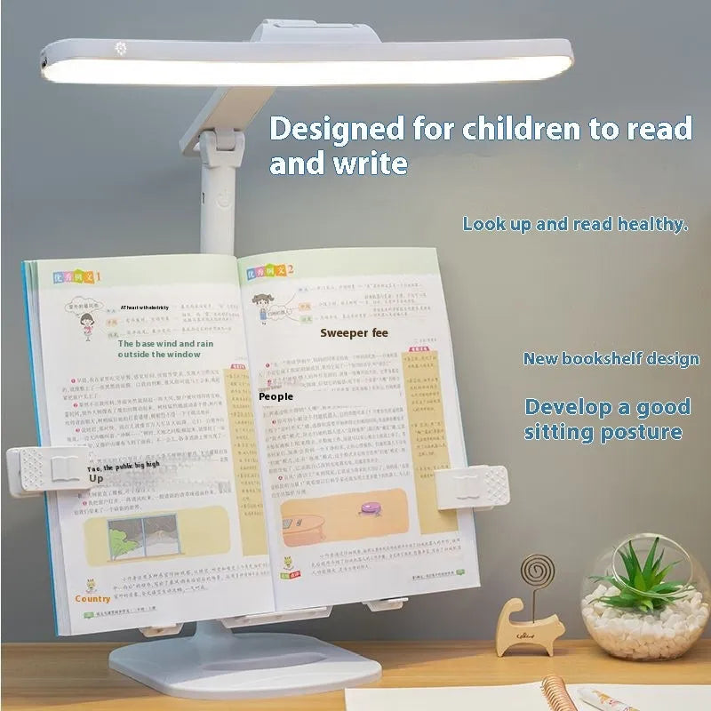 A white adjustable table lamp with a bookshelf design, shown on a desk, highlighting its dual-power and colour temperature features.